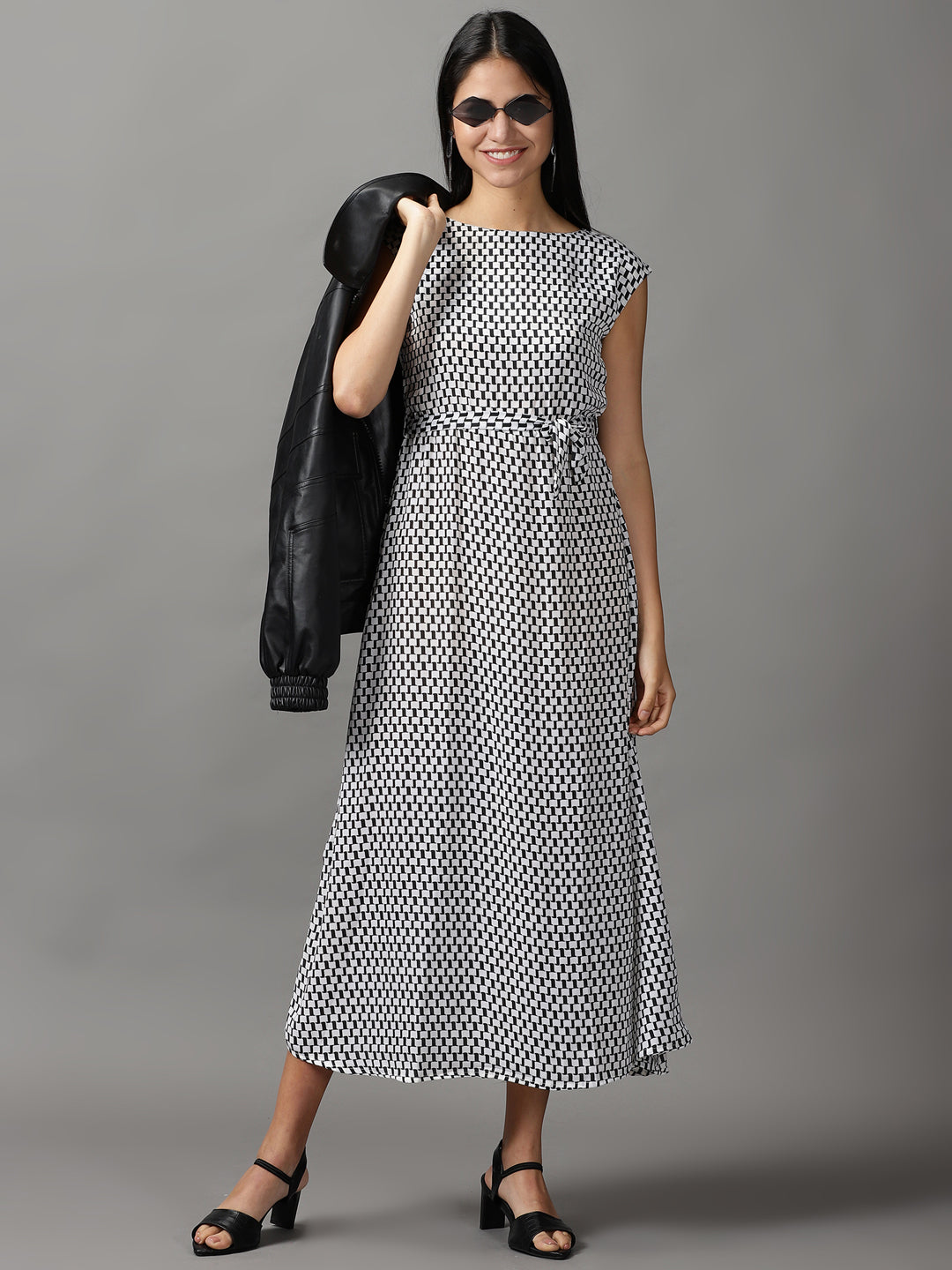 Women's White Geometrical Chiffon Fit & Flare Dress
