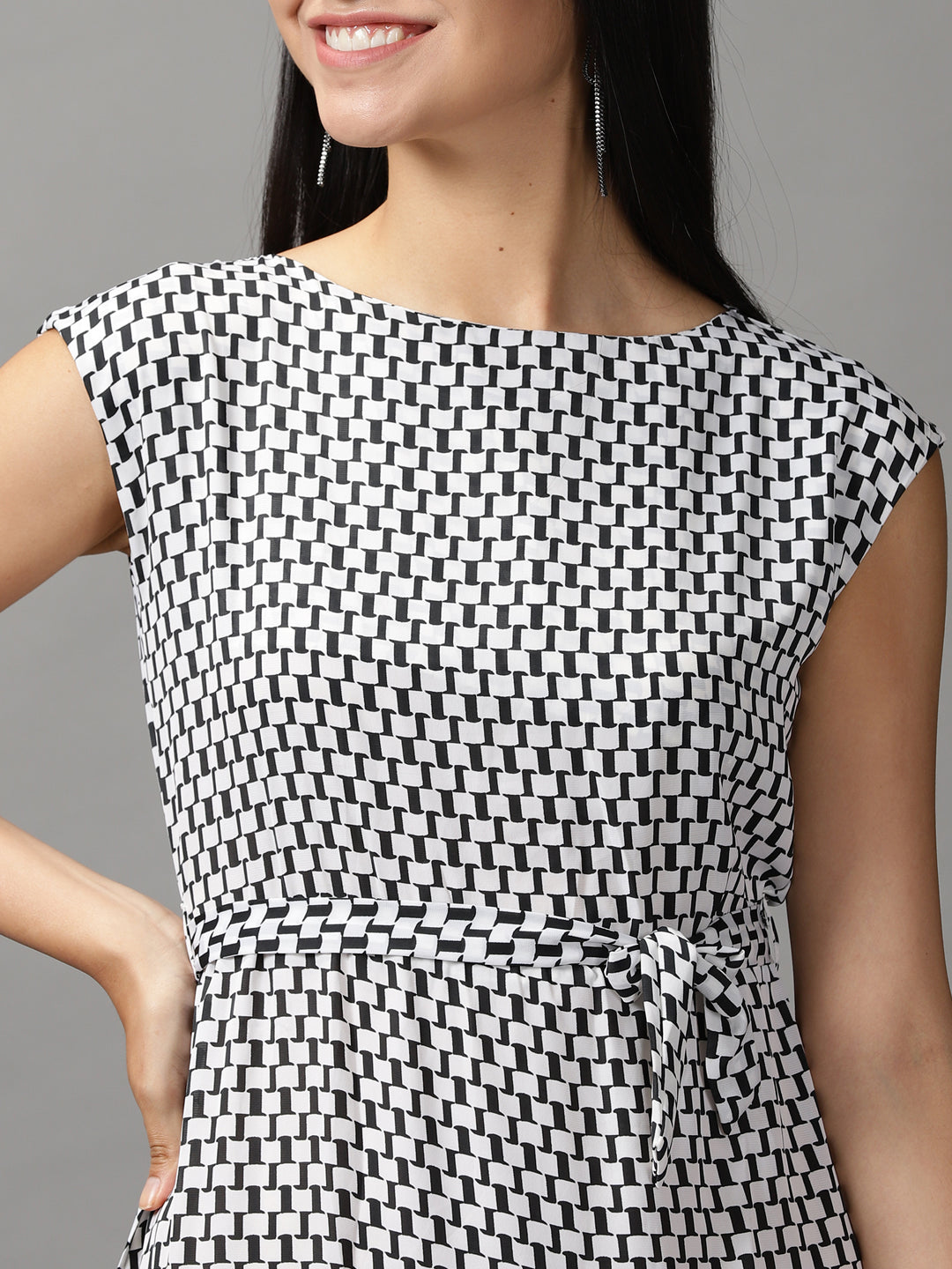 Women's White Geometrical Chiffon Fit & Flare Dress