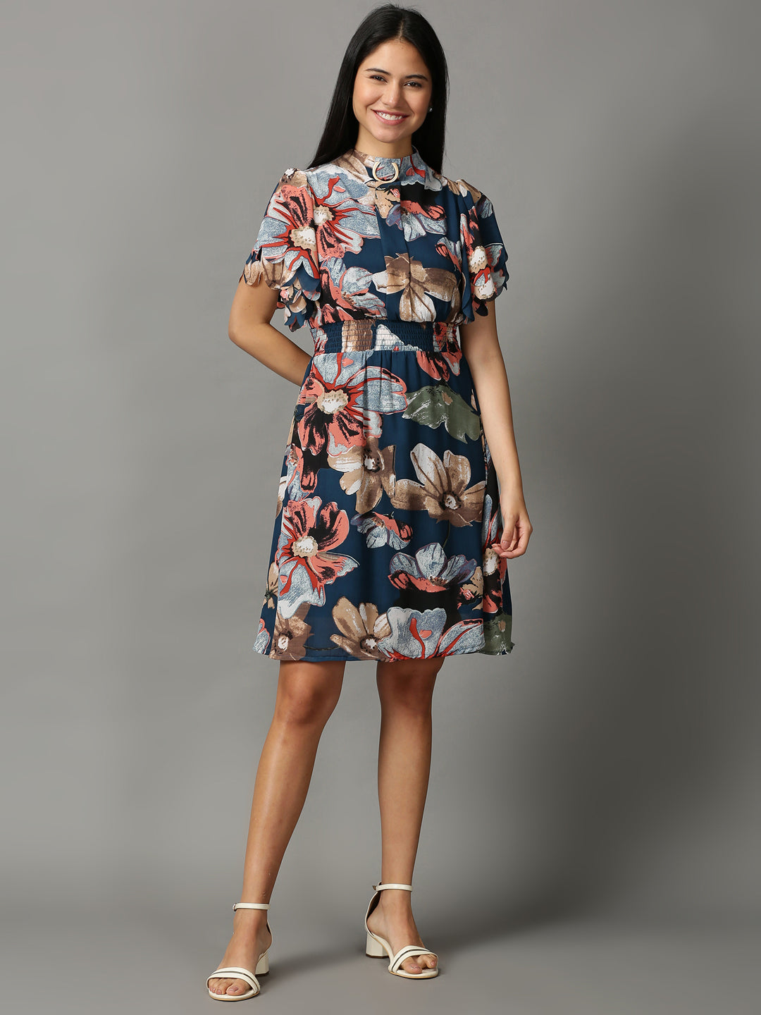 Women's Teal Floral Chiffon Ethnic A-Line Dress