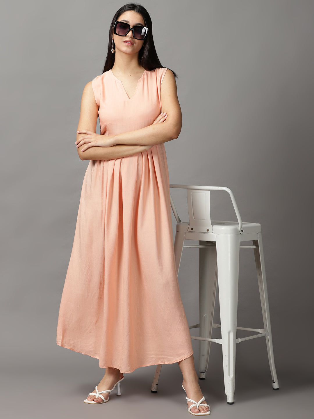 Women's Peach Sleeveless Fit and Flare Round Neck Maxi Dress