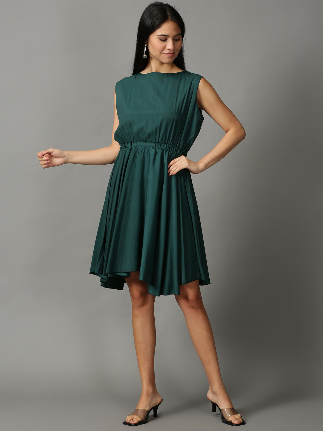 Women's Green Fit and Flare Sleeveless Dress