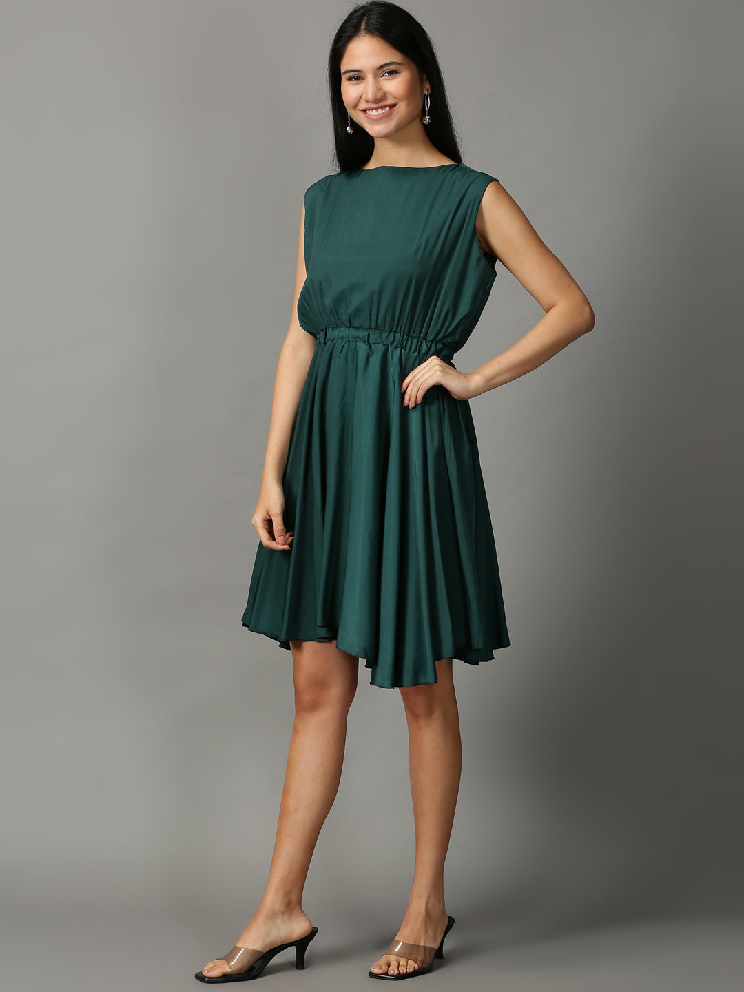 Women's Green Fit and Flare Sleeveless Dress