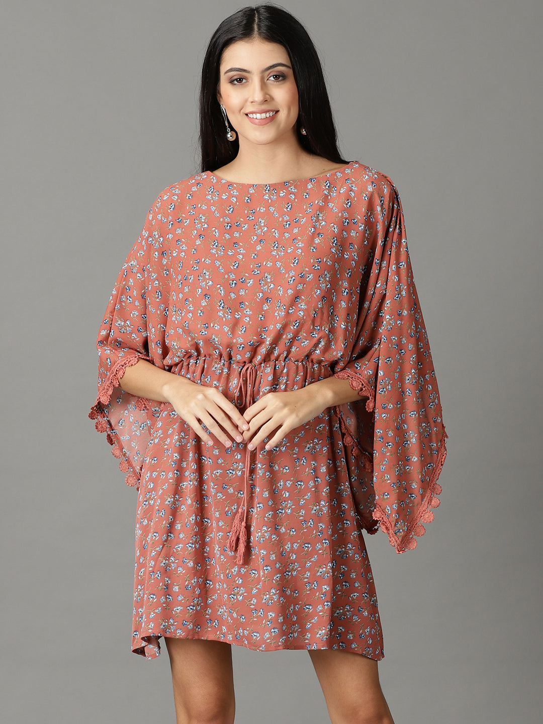 Women's Rust Floral Printed Boat Neck Kaftan Dress