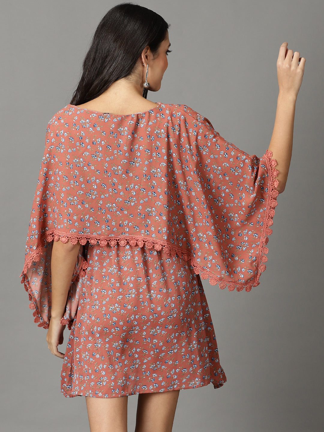 Women's Rust Floral Printed Boat Neck Kaftan Dress