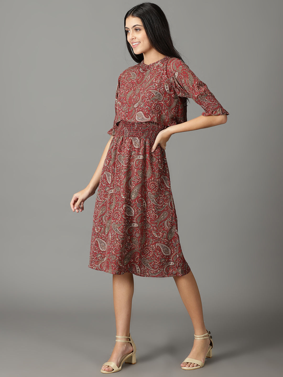 Women's Maroon Ethnic Motifs Crepe A-Line Midi Dress