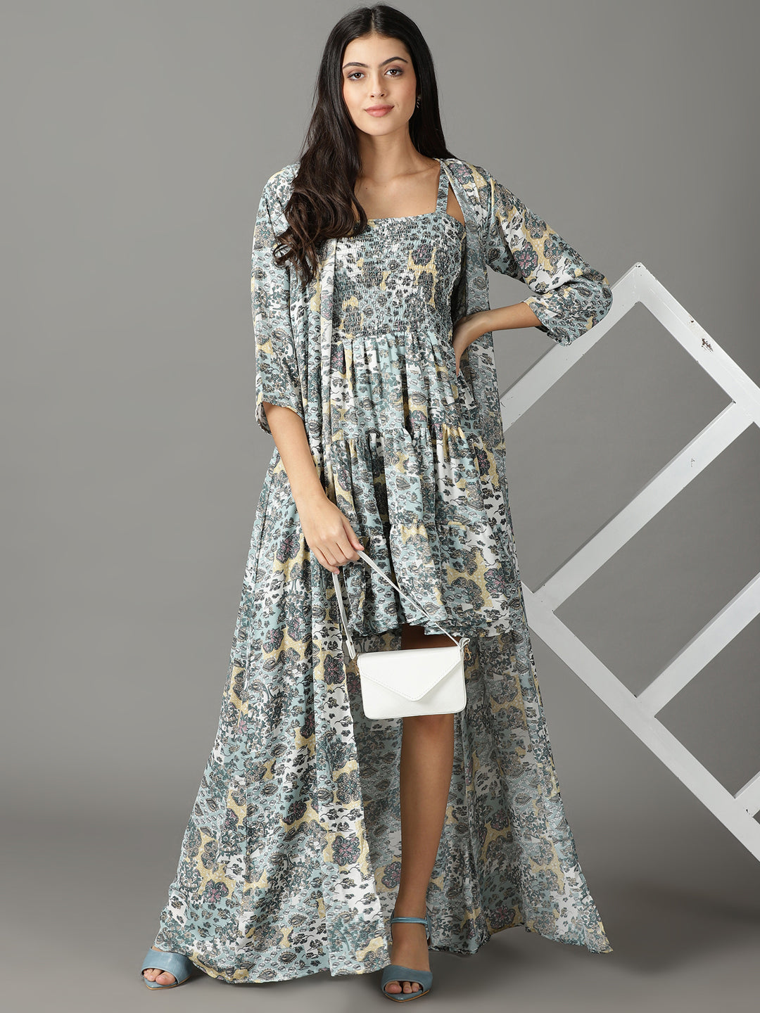 Women's Sea Green Floral Chiffon Dress