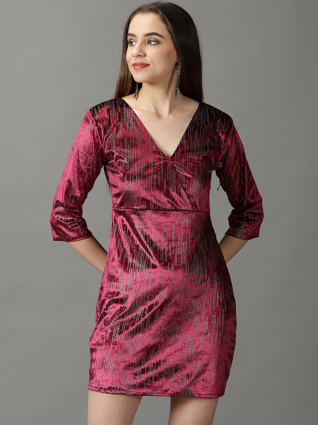 Women's Magenta Embellished Velvet Sheath Dress