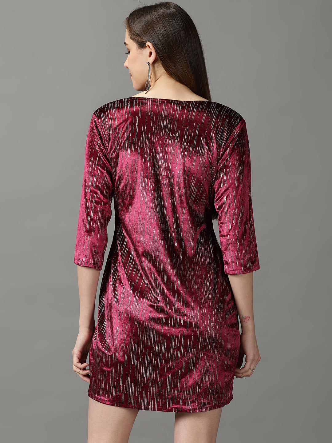 Women's Magenta Embellished Velvet Sheath Dress