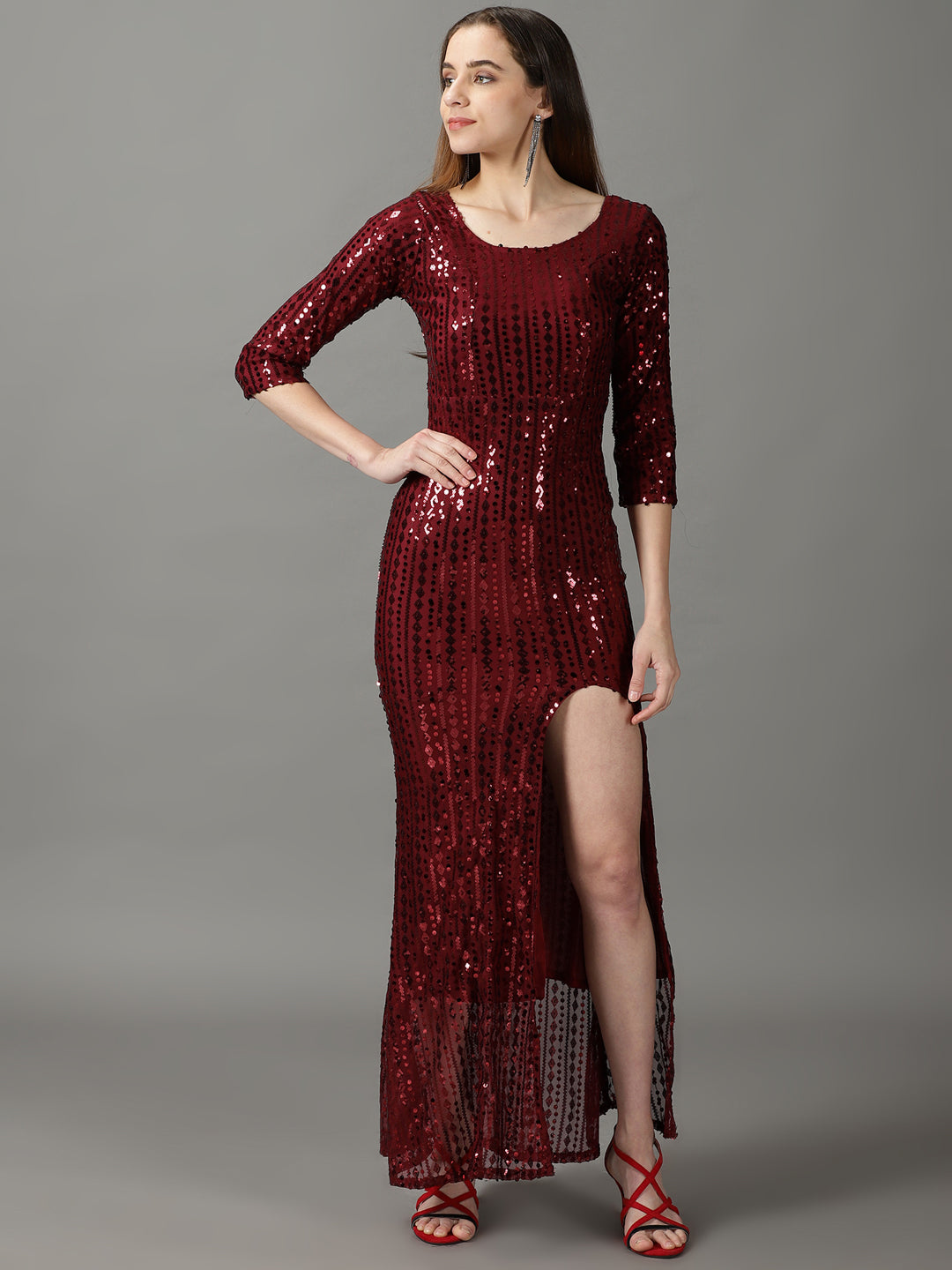 Women's Maroon Sequinned Embellished Sheath Maxi Dress