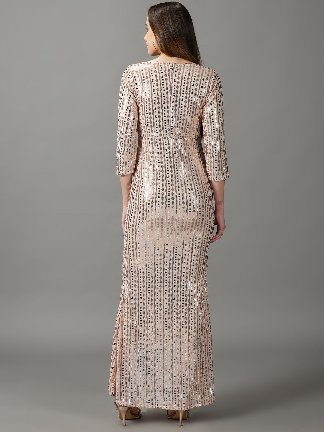 Women's Cream Embellished Mermaid Sequin Net Sheath Midi Dress