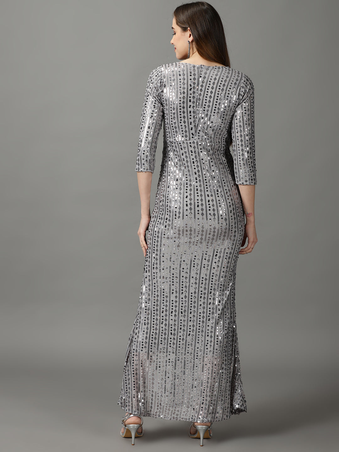 Women's Grey Round Neck Mermaid Sequin Net Sheath Maxi Dress