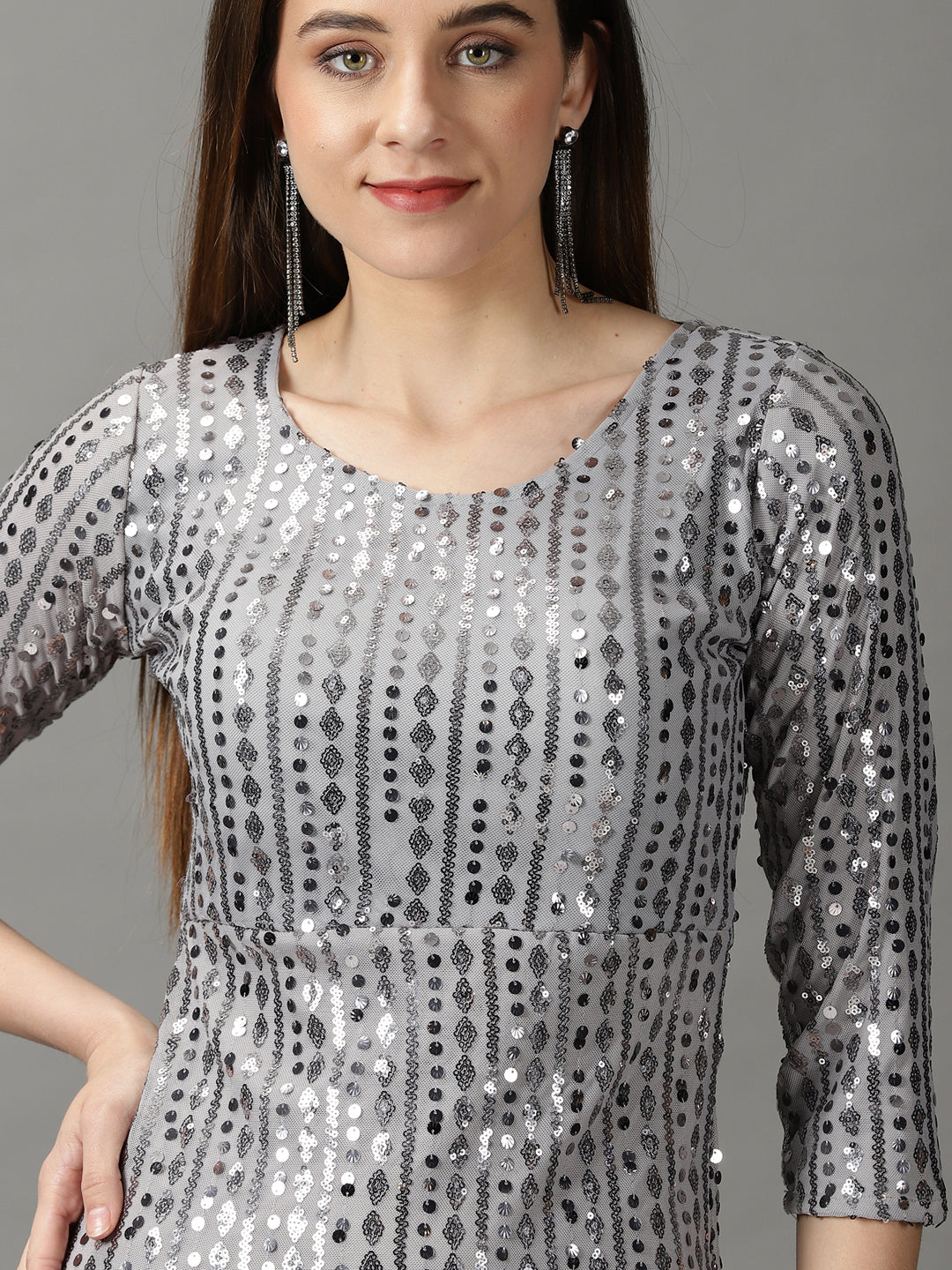 Women's Grey Round Neck Mermaid Sequin Net Sheath Maxi Dress