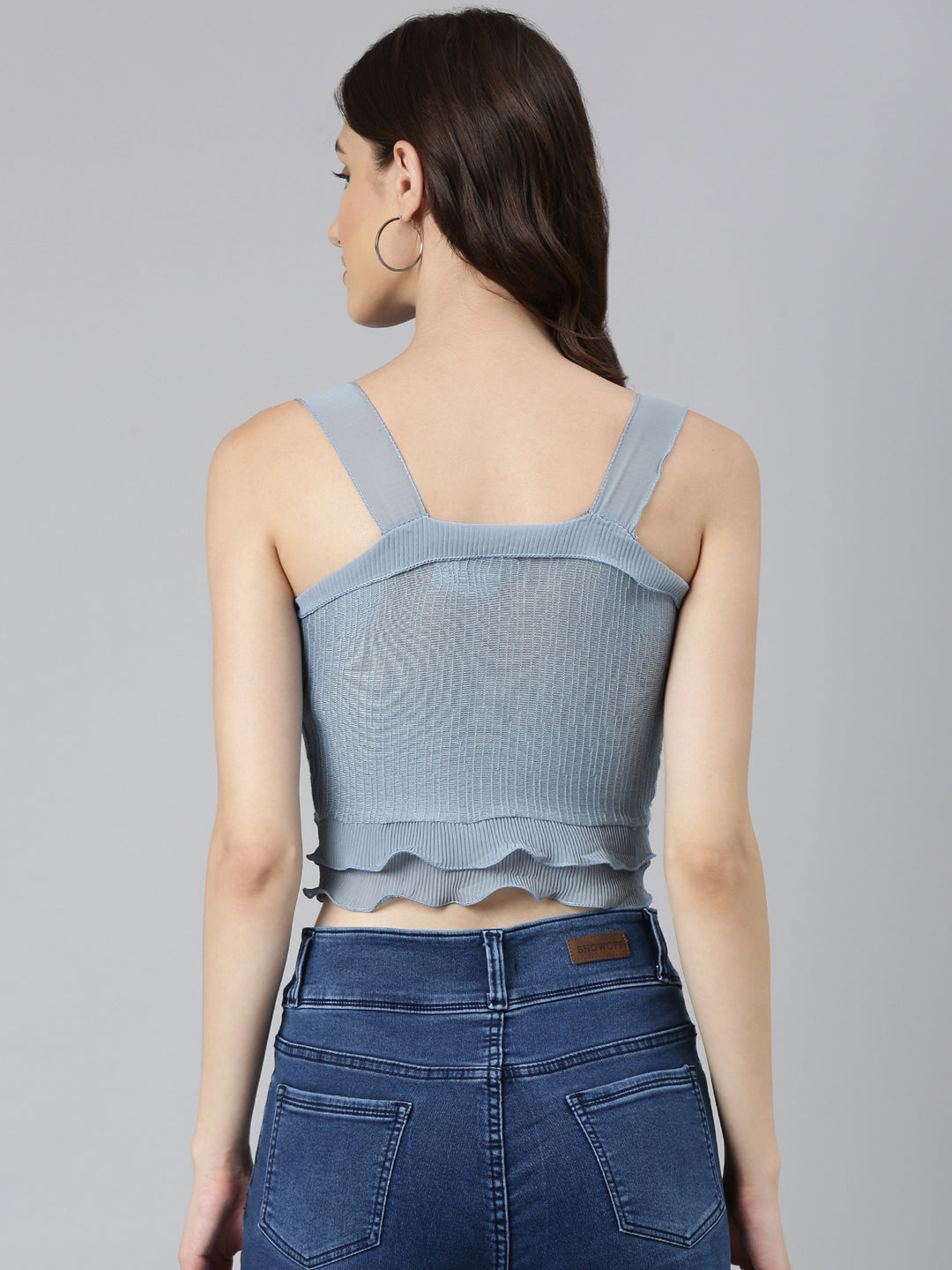 Women's Blue Self Design Shoulder Strap Fitted Crop Top