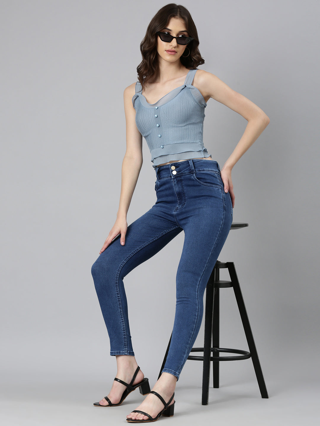 Women's Blue Self Design Shoulder Strap Fitted Crop Top
