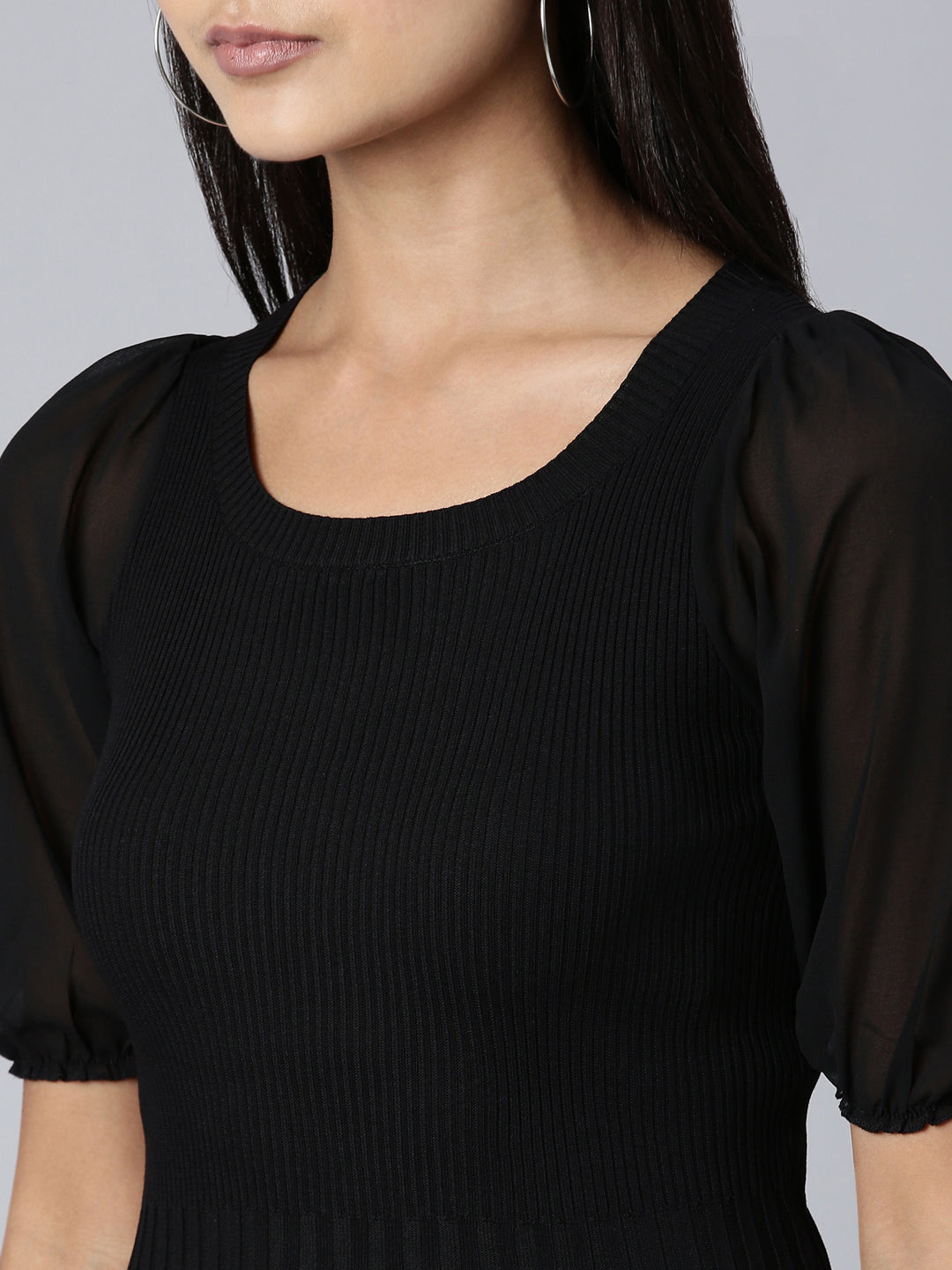 Women's Black Round Neck Puff Sleeve Acrylic Crop Top
