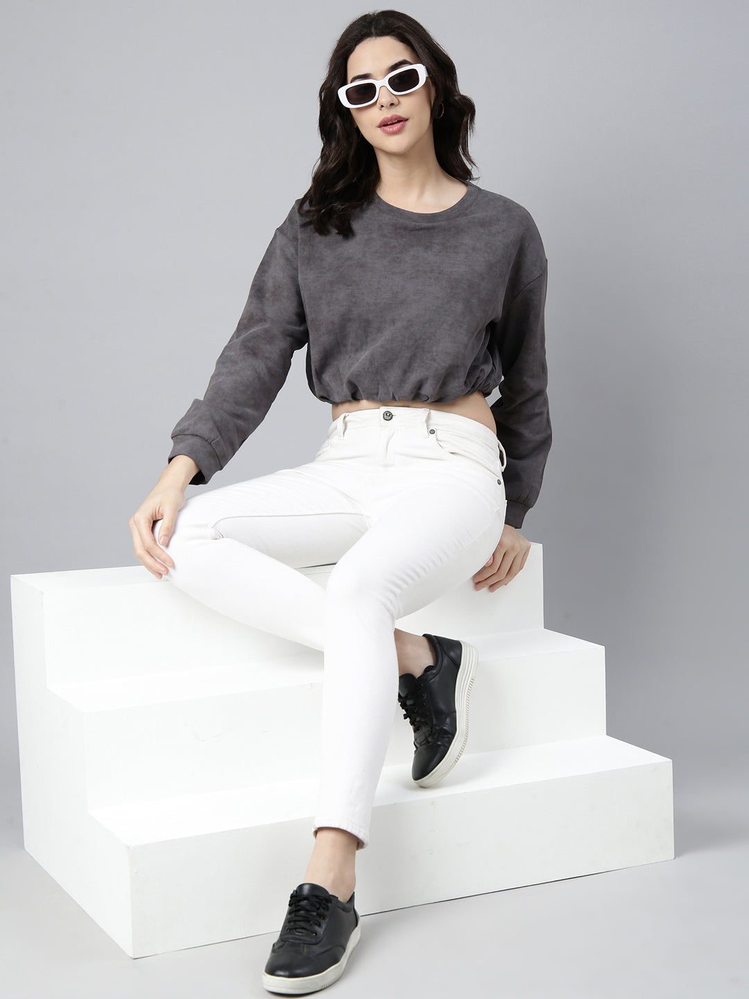 Women's Grey Round Neck Drop Shoulder Crop Top
