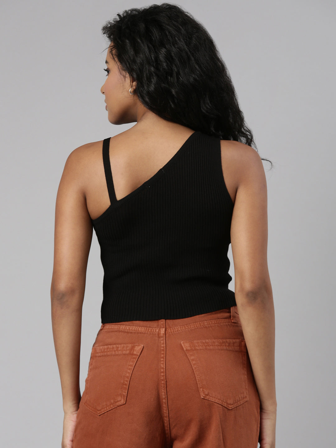 Women's Black Ribbed One Shoulder Crop Top