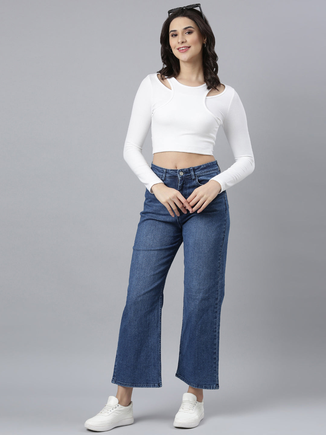 Women's Off White Cut Out Fitted Crop Top