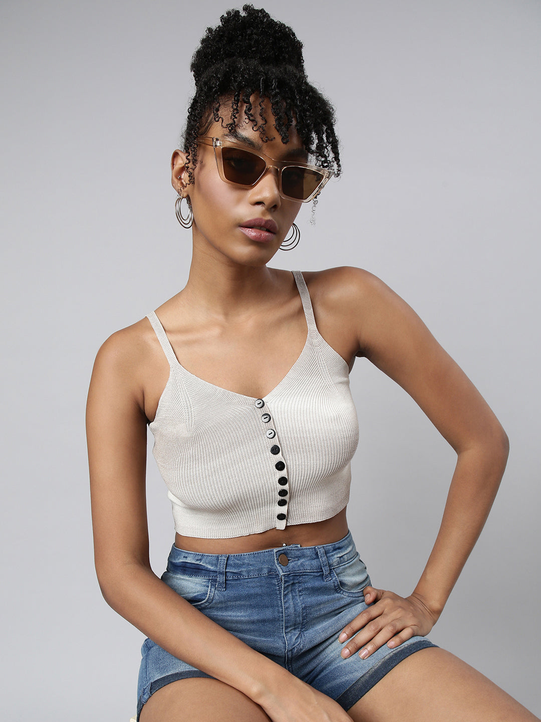 Women's Grey Bralette Shoulder Straps Crop Top