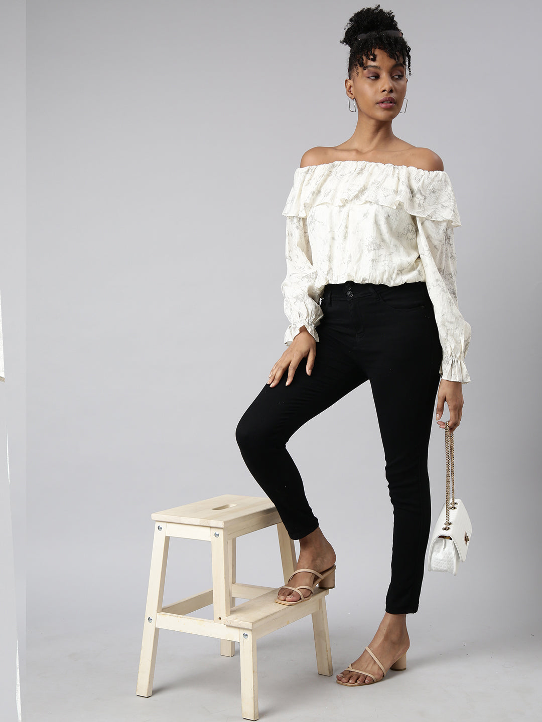 Women's Cream Off-Shoulder Abstract Bell Sleeve Blouson Crop Top