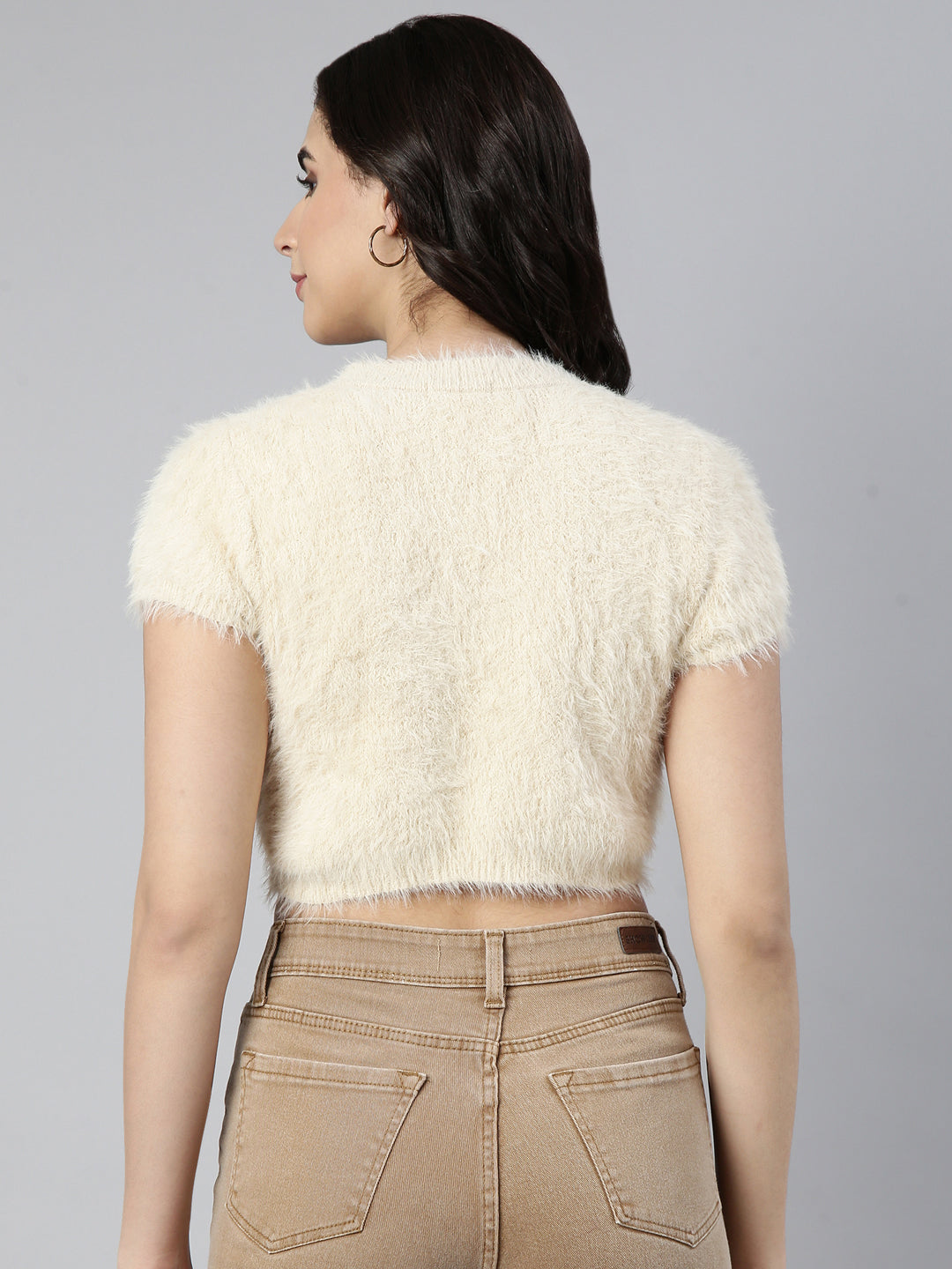 Women's Cream Self Design Faux Fur Trim Acrylic Crop Top