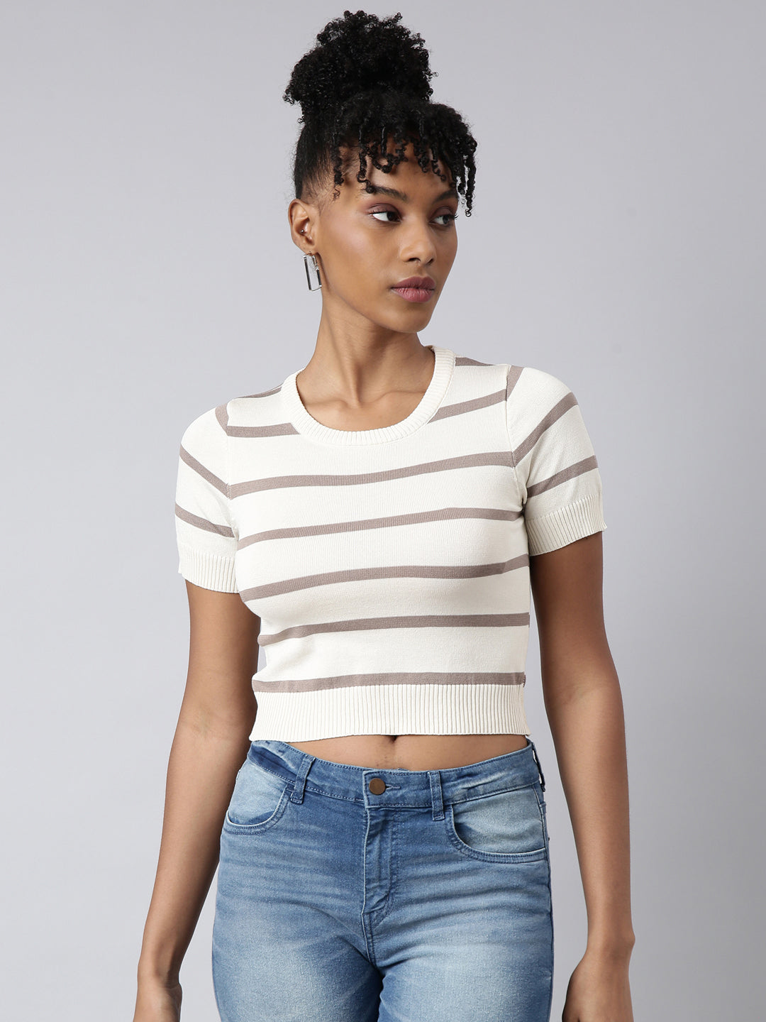Women's Cream Horizontal Stripes Fitted Crop Top