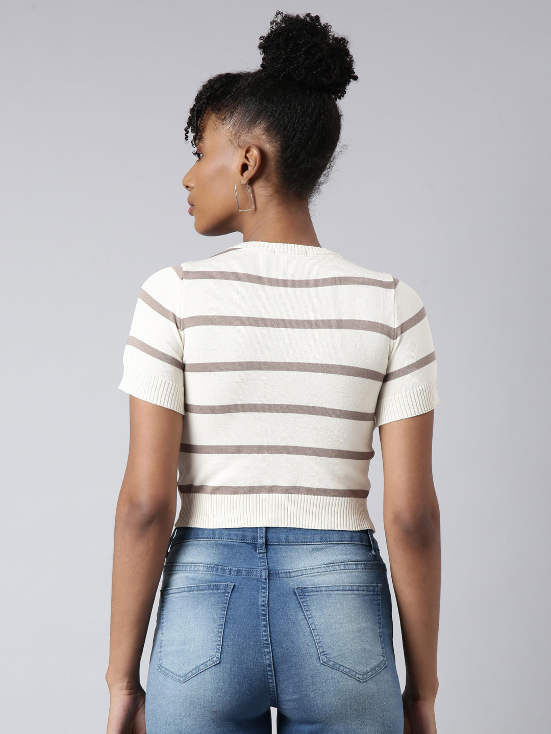 Women's Cream Horizontal Stripes Fitted Crop Top