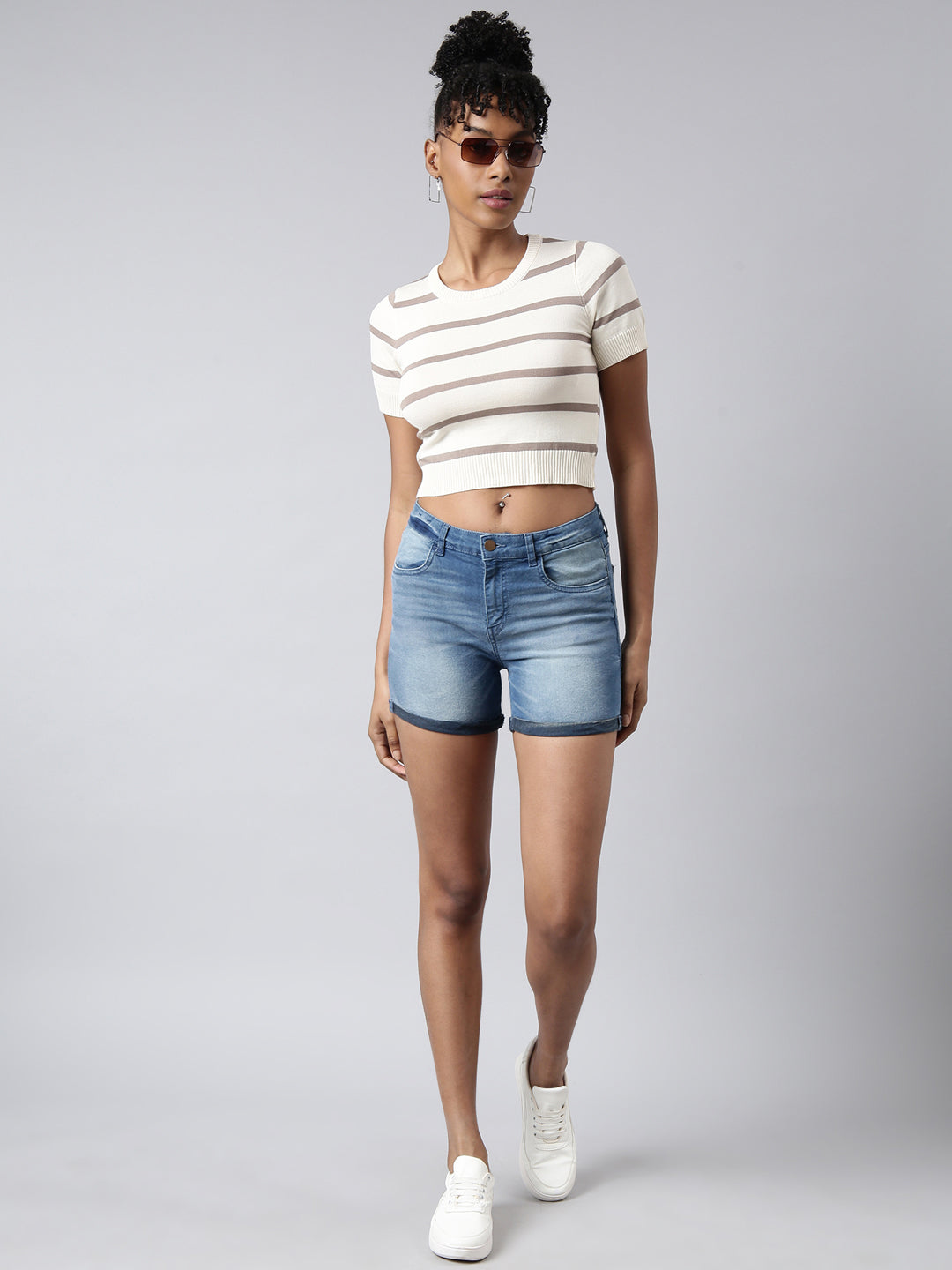 Women's Cream Horizontal Stripes Fitted Crop Top