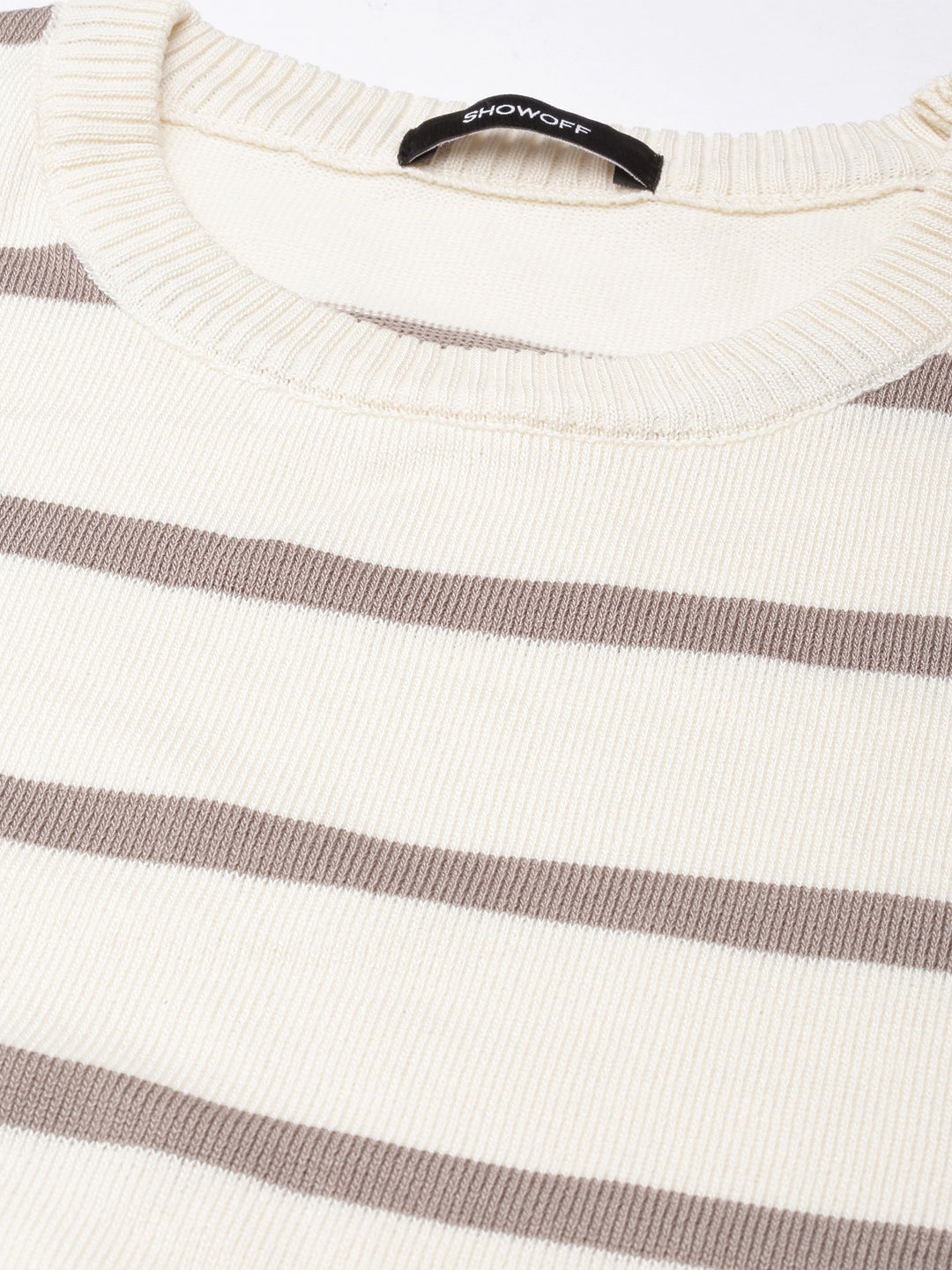 Women's Cream Horizontal Stripes Fitted Crop Top