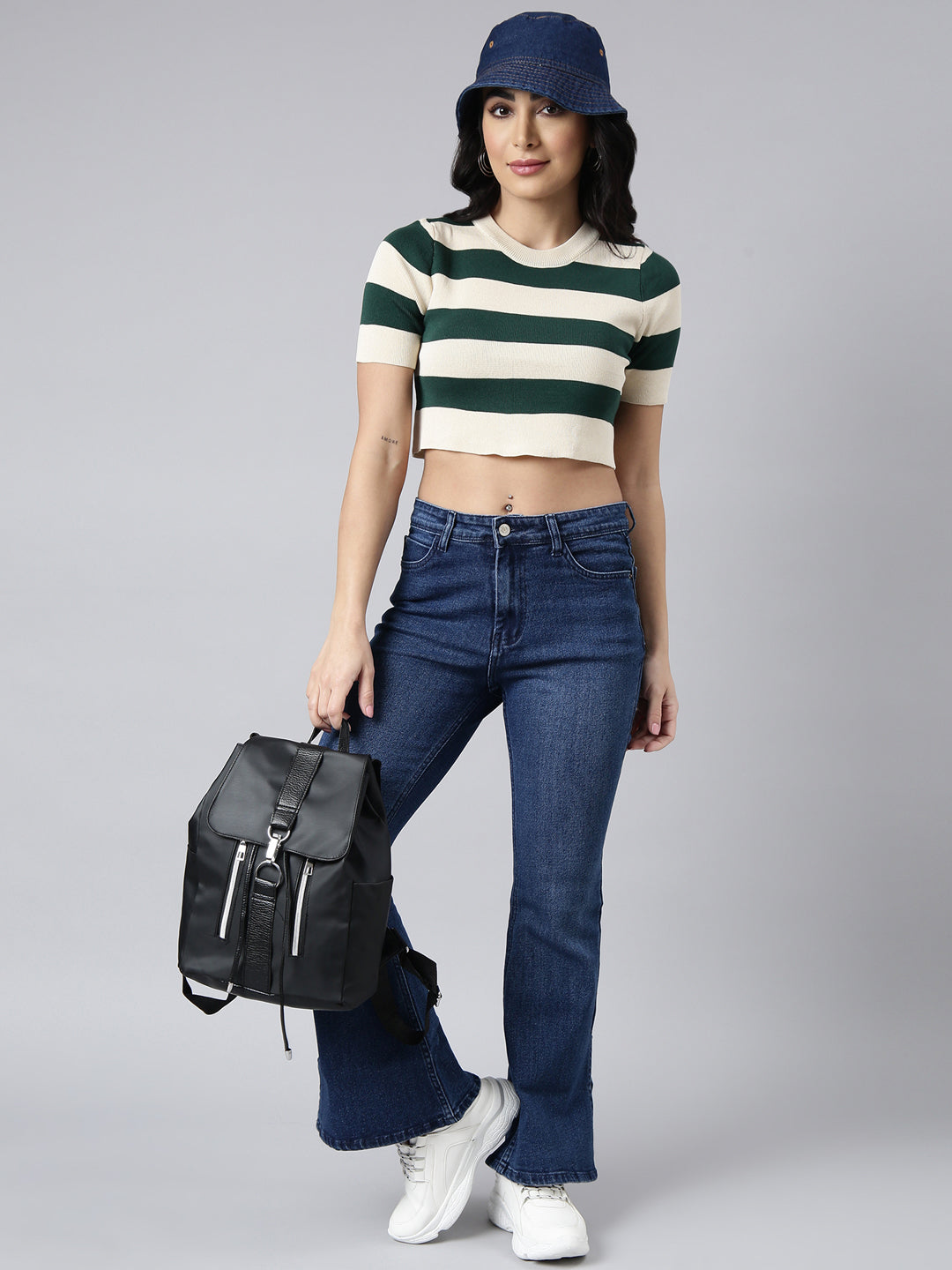 Women's Green Horizontal Stripes Fitted Crop Top