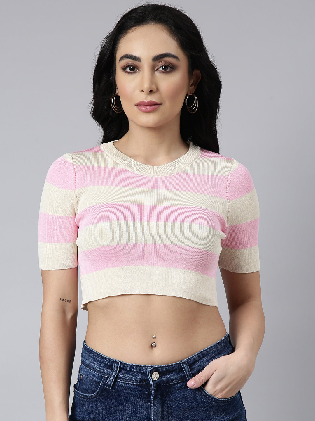 Women's Pink Short Sleeves Round Neck Striped Crop Top