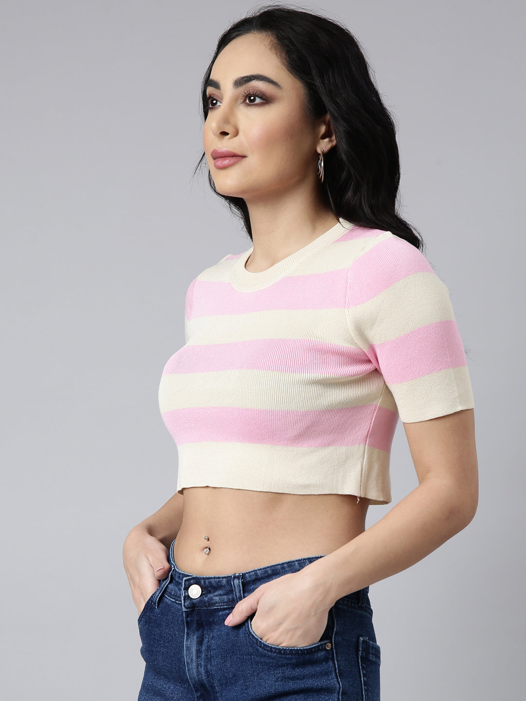 Women's Pink Short Sleeves Round Neck Striped Crop Top
