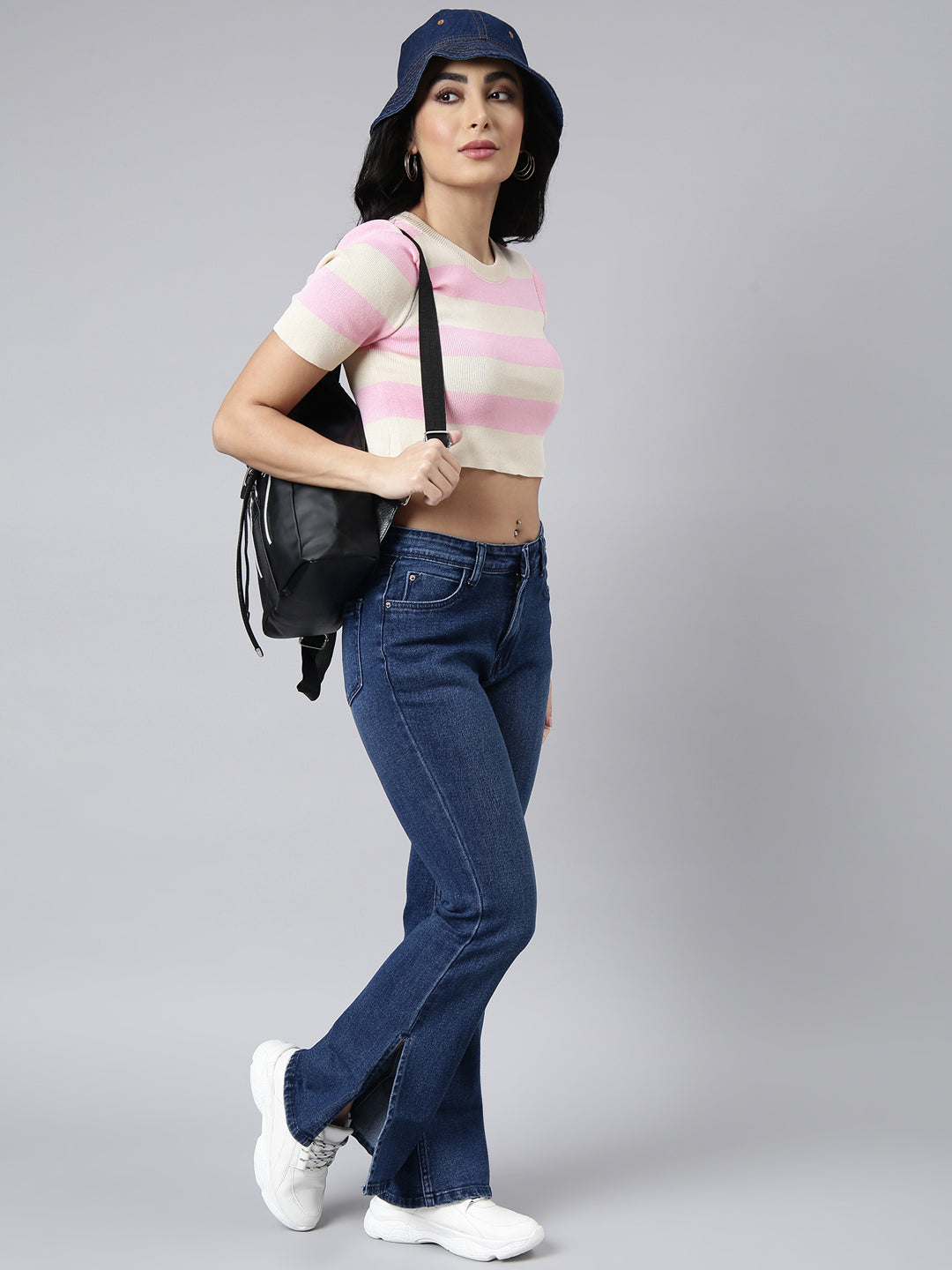 Women's Pink Short Sleeves Round Neck Striped Crop Top