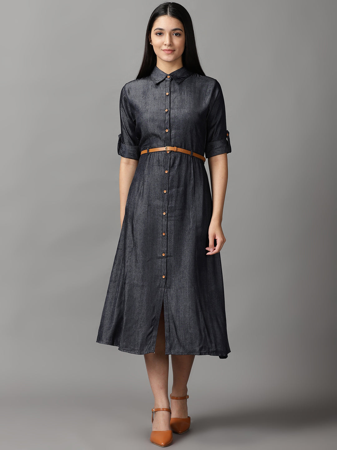 Women's Black Shirt Collar Fit & Flare Dress
