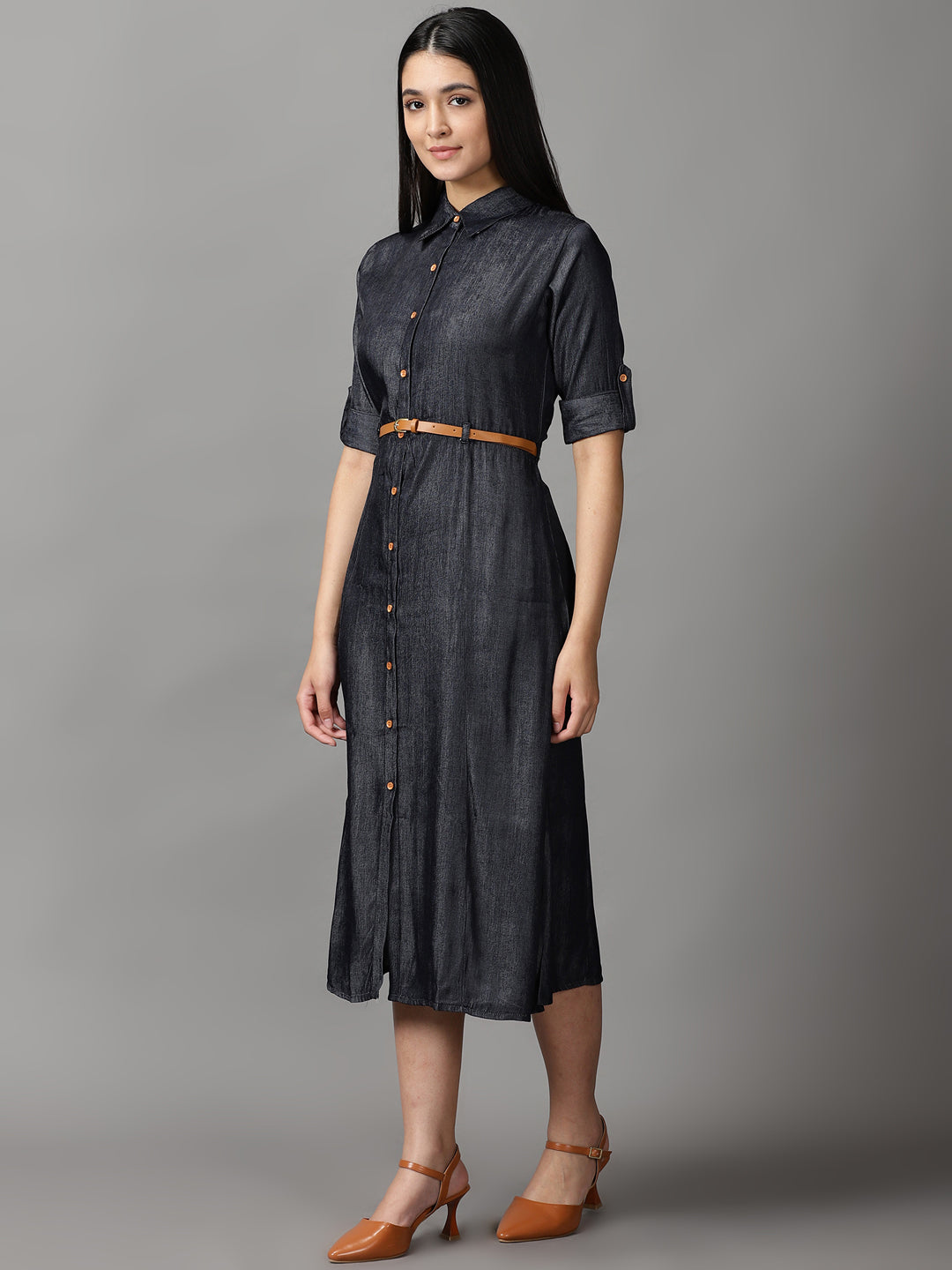 Women's Black Shirt Collar Fit & Flare Dress