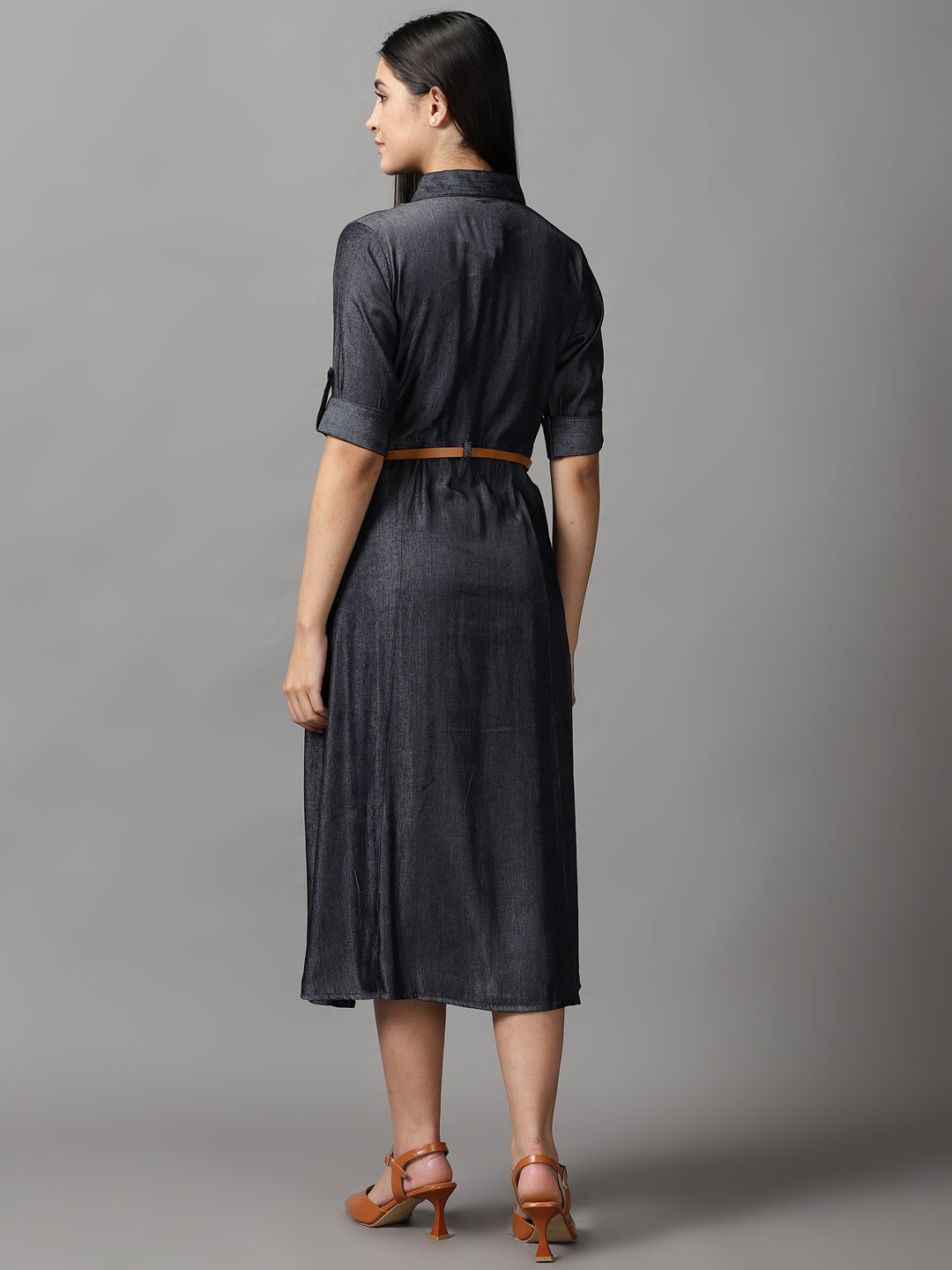 Women's Black Shirt Collar Fit & Flare Dress