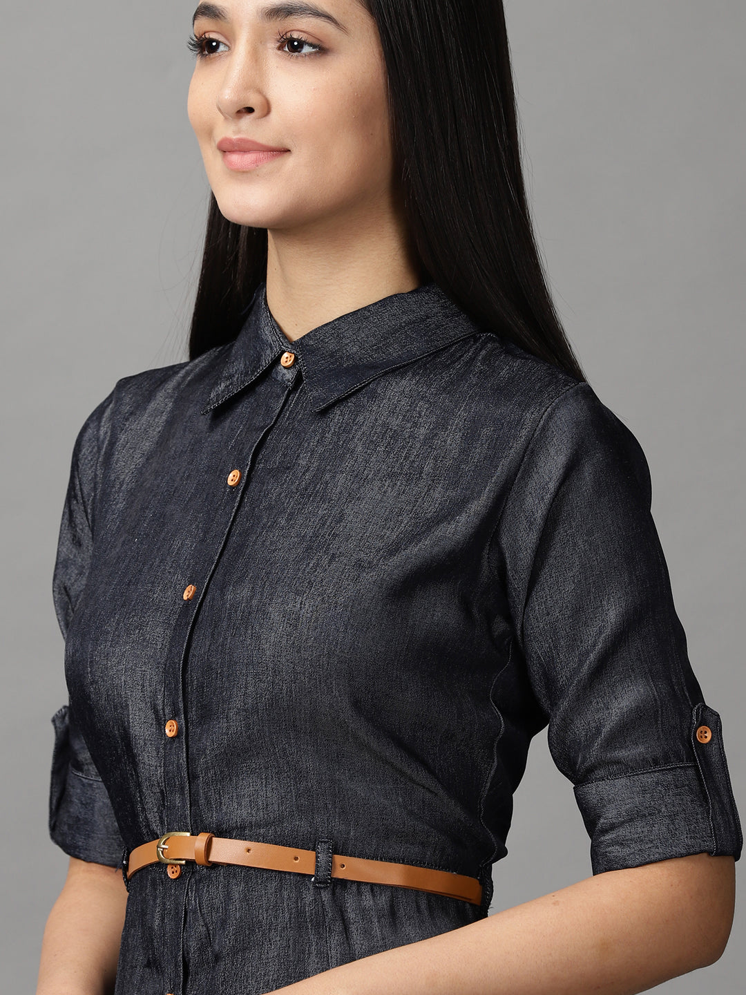 Women's Black Shirt Collar Fit & Flare Dress