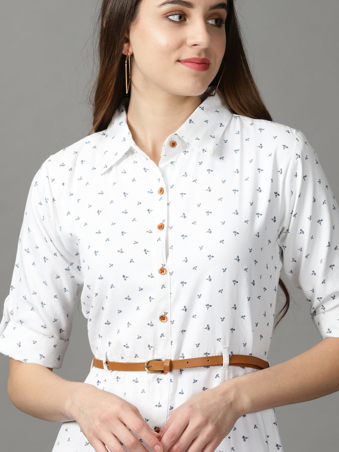 Women's White Floral Printed Shirt Collar Midi Dress