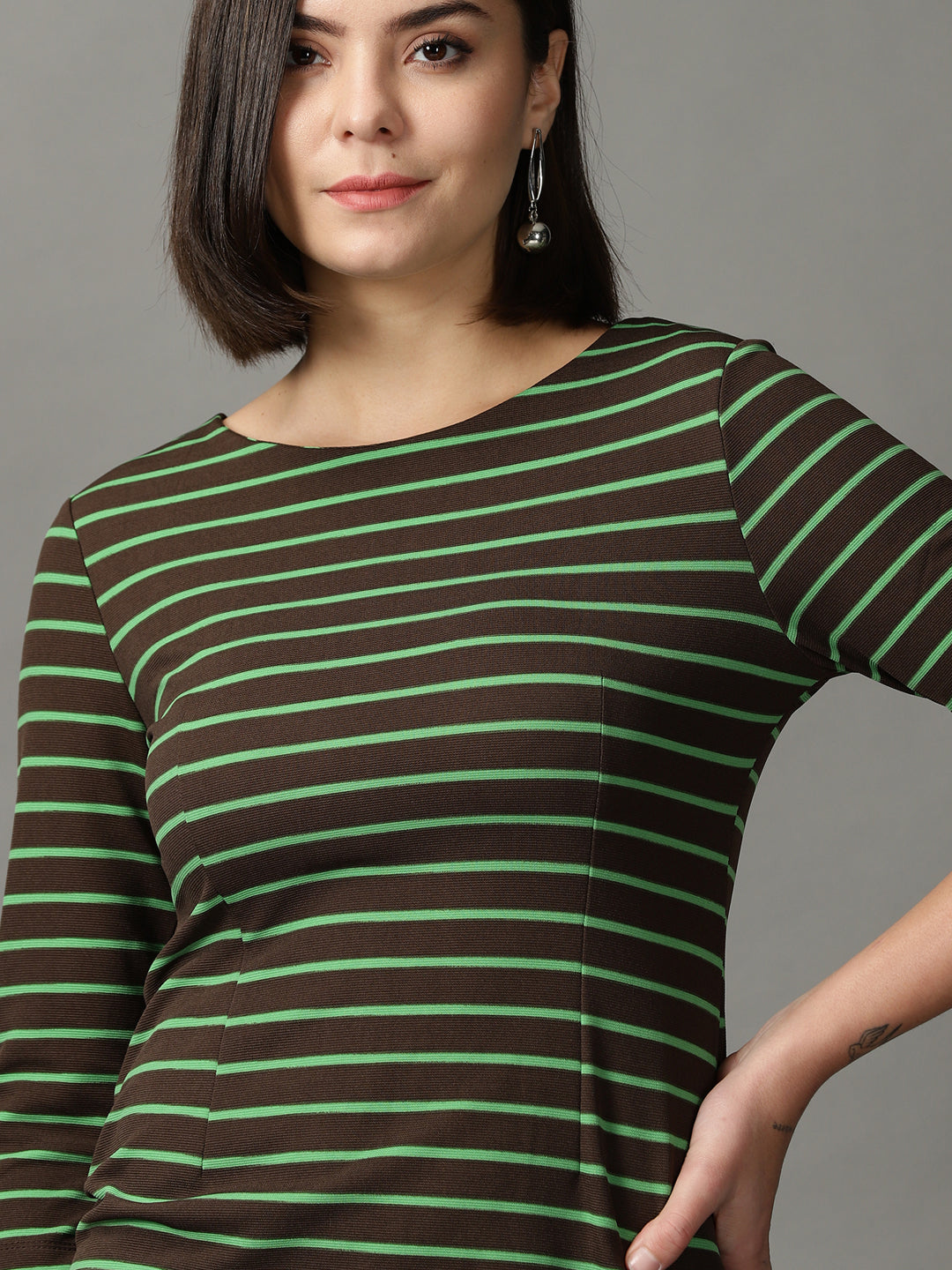 Women's Brown Striped Acrylic Sheath Dress