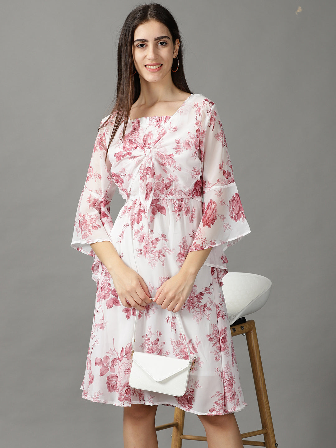 Women's White Floral Printed Tie-Up Detailed A-Line Dress