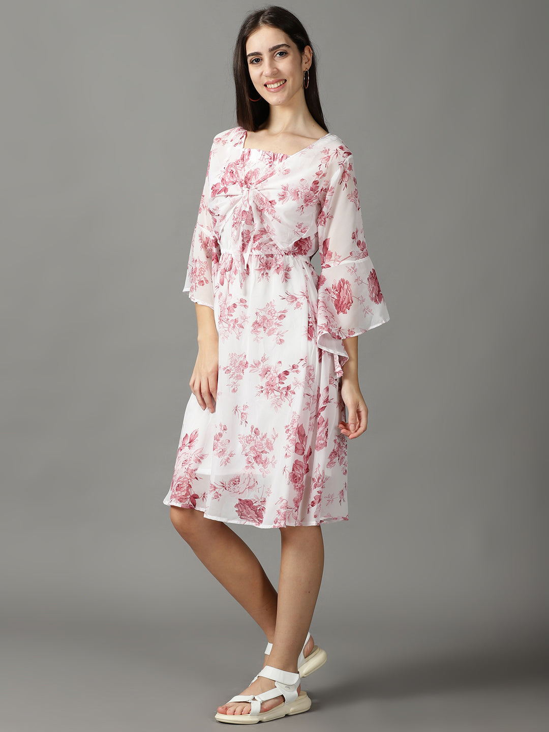 Women's White Floral Printed Tie-Up Detailed A-Line Dress