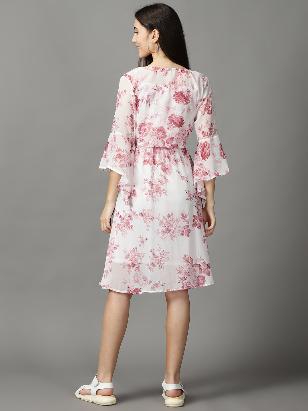 Women's White Floral Printed Tie-Up Detailed A-Line Dress