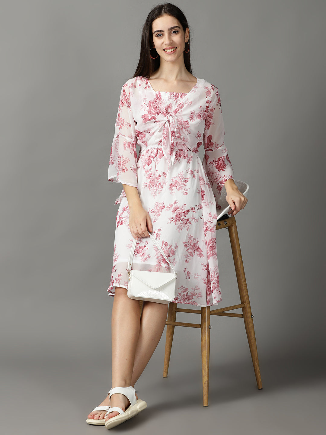 Women's White Floral Printed Tie-Up Detailed A-Line Dress