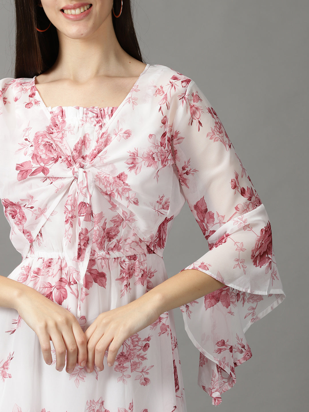 Women's White Floral Printed Tie-Up Detailed A-Line Dress