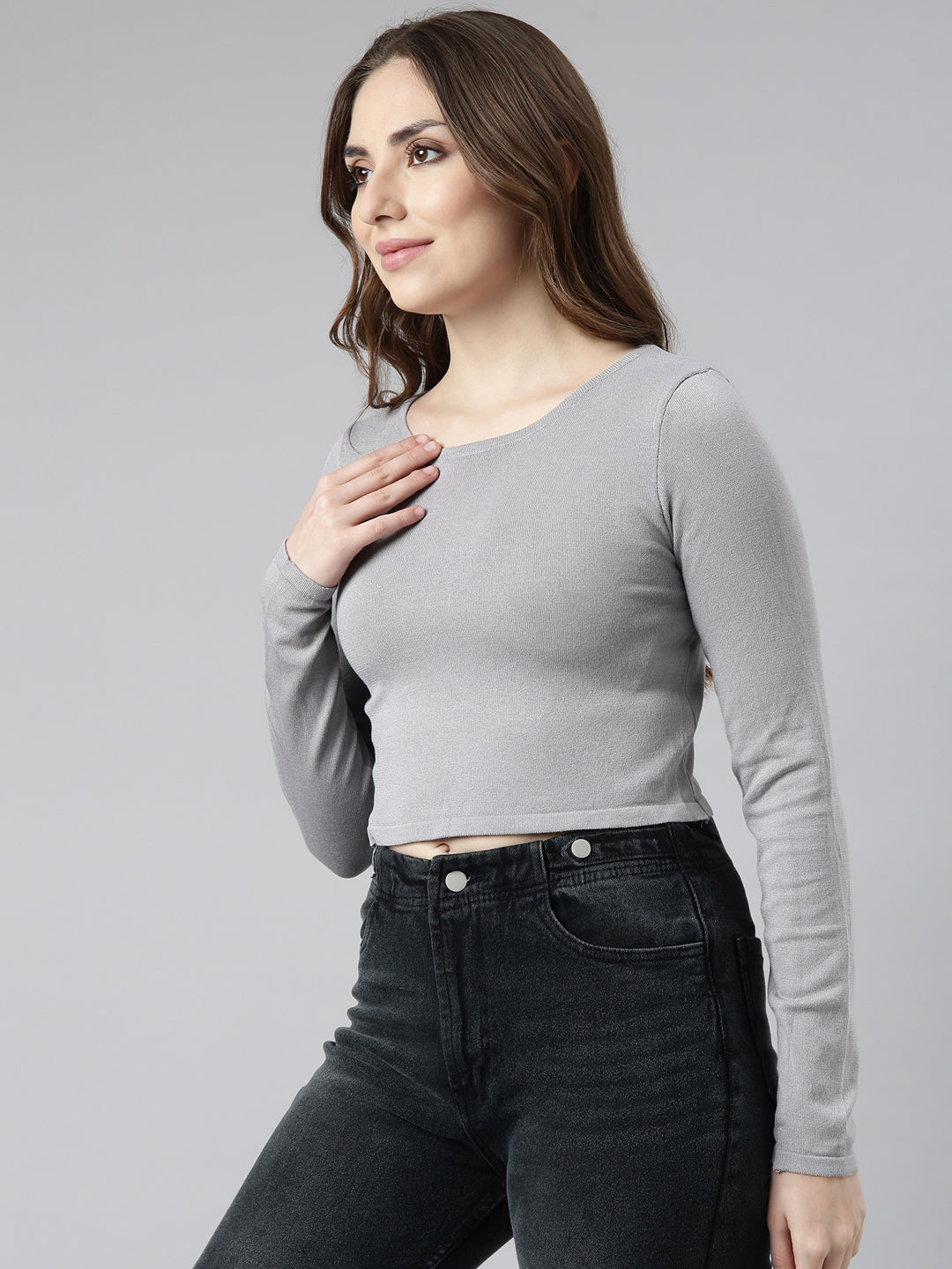 Women's Solid Grey Round Neck Crop Top