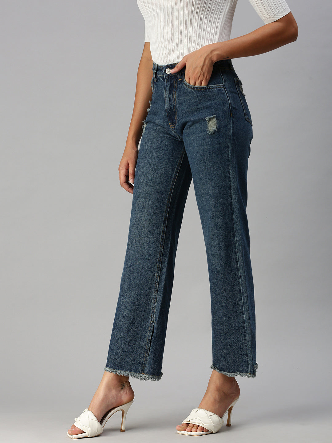 Women's Blue Wide Leg High-Rise Low Distress Light Fade Jeans