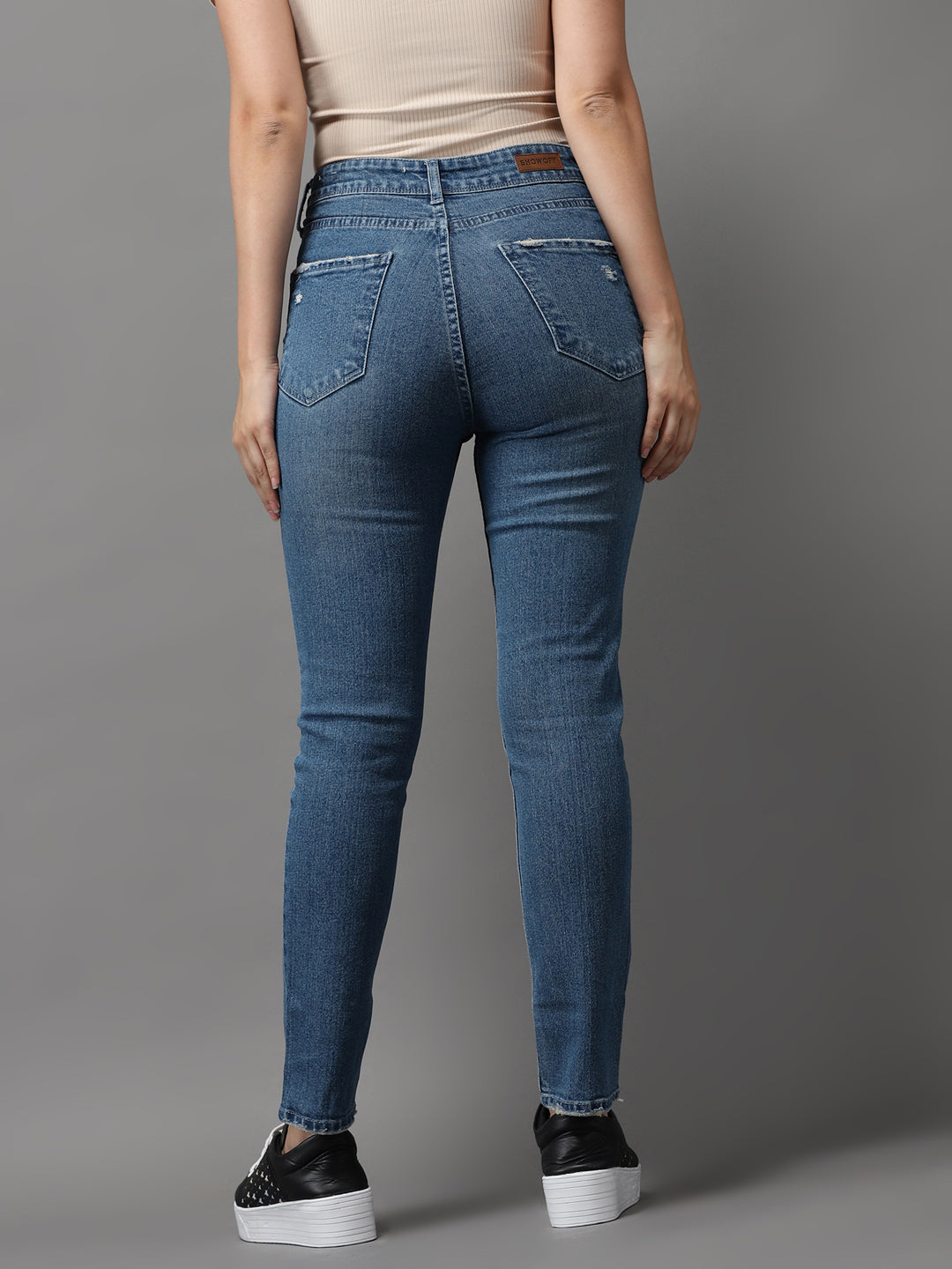 Women's Blue Jean Slim Fit High-Rise Low Distress Light Fade Stretchable Jeans