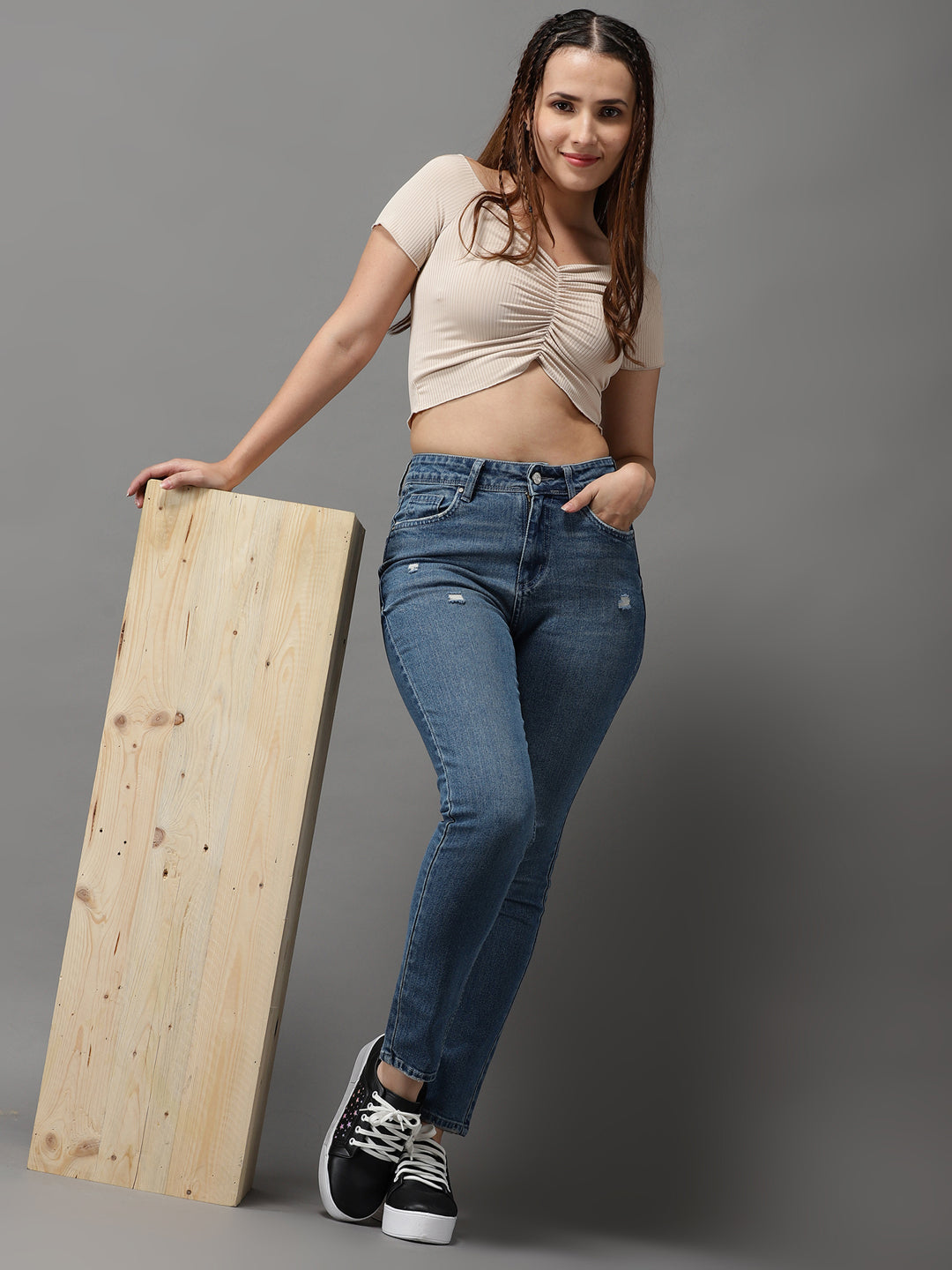 Women's Blue Jean Slim Fit High-Rise Low Distress Light Fade Stretchable Jeans