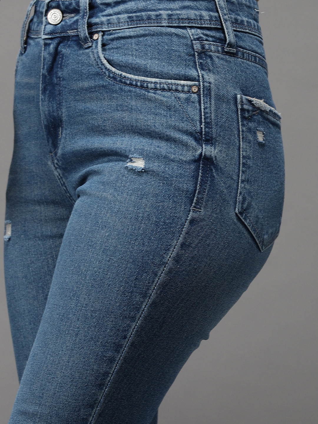 Women's Blue Jean Slim Fit High-Rise Low Distress Light Fade Stretchable Jeans