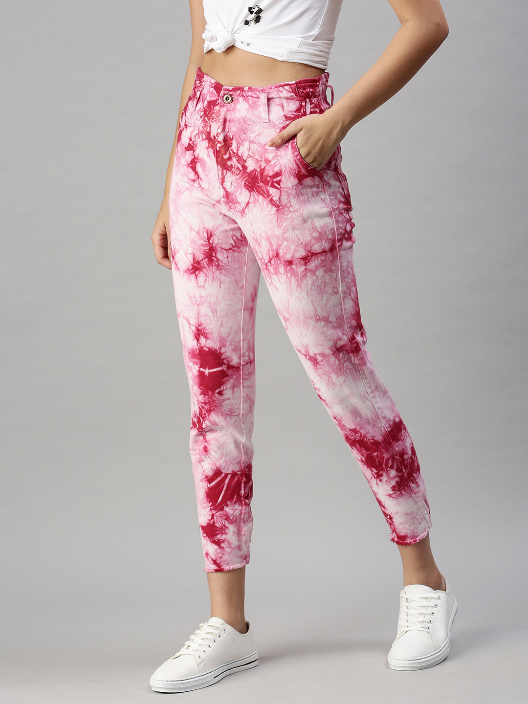 Women's Pink High-Rise Bleached Stretchable Cotton Mom Fit Clean Look Jeans